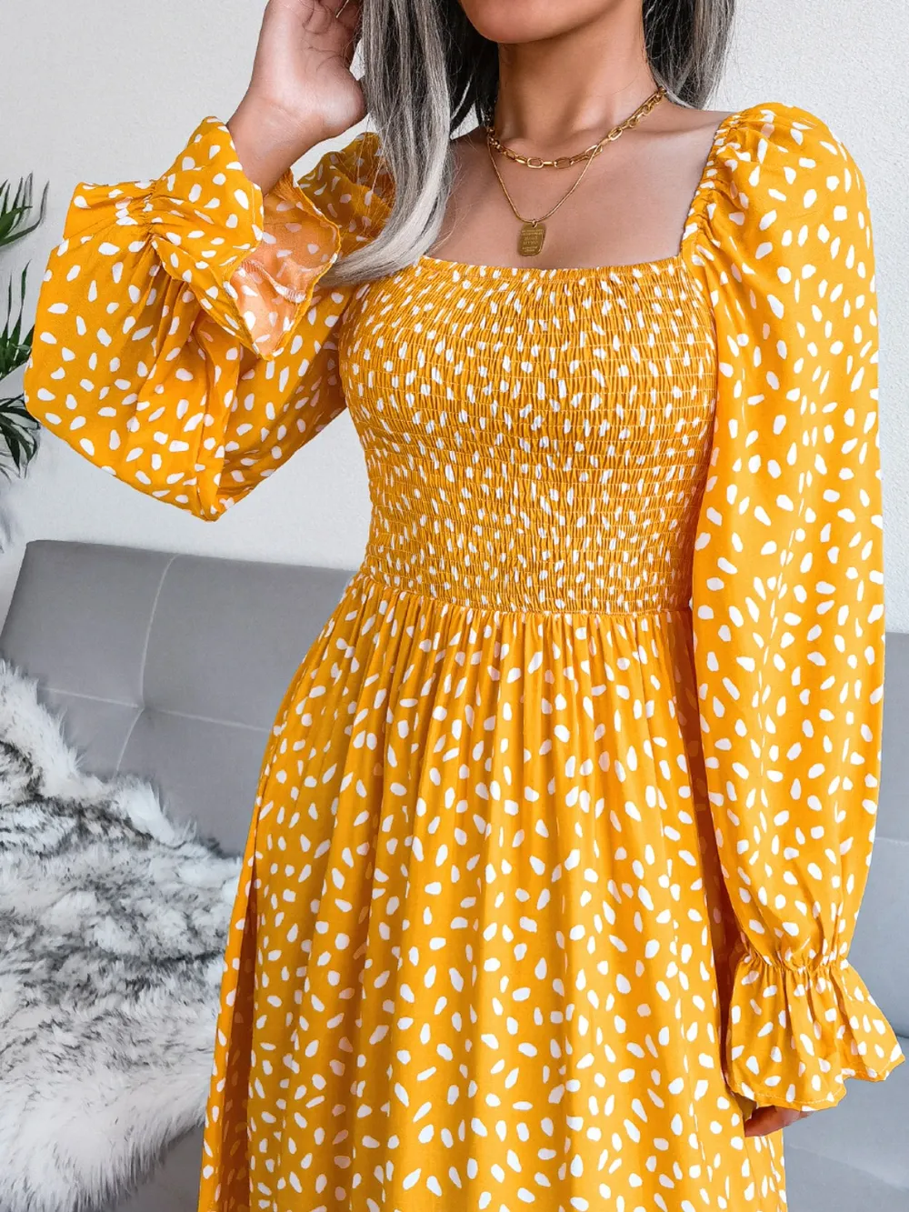 Smocked Square Neck Flounce Sleeve Dress, image 6