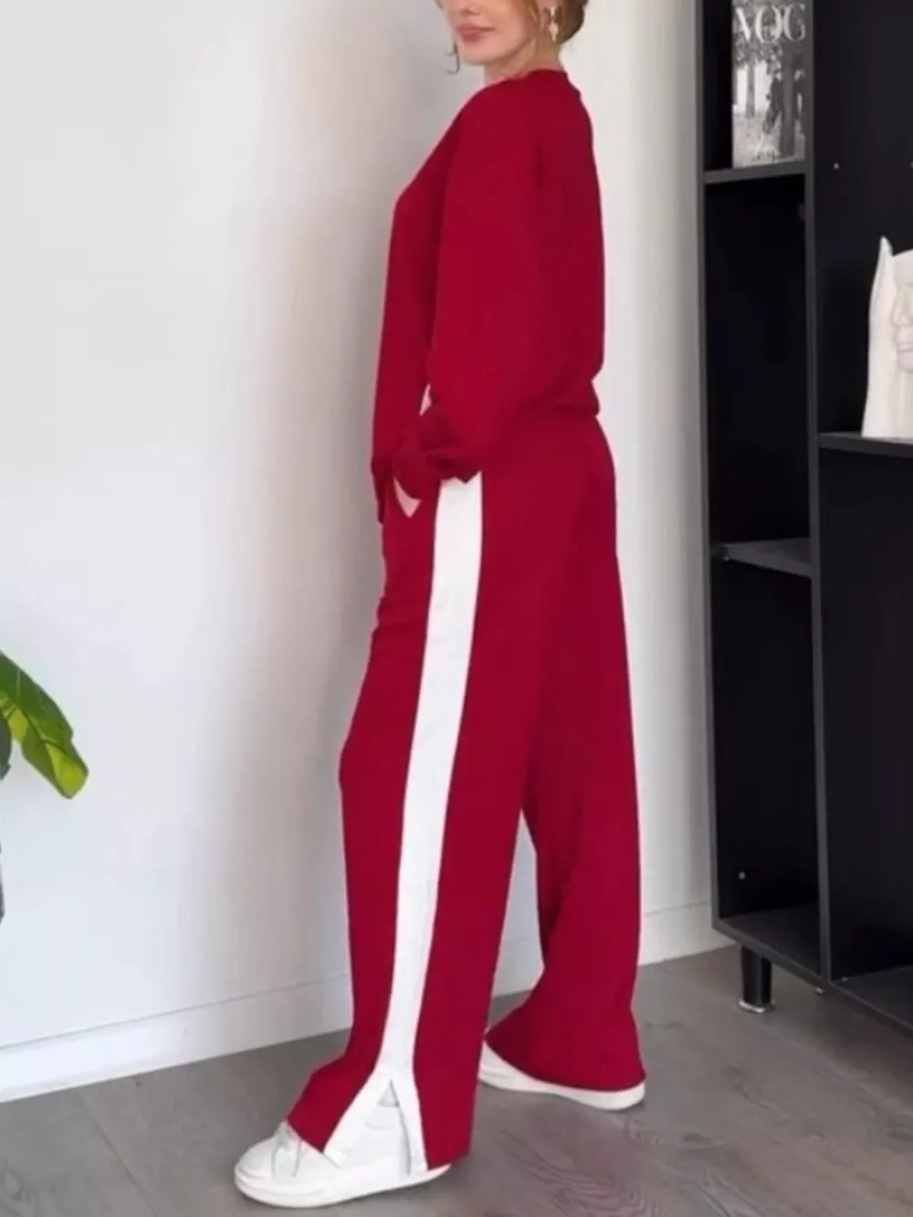 Full Size Contrast Round Neck Top and Pants Set Plus Size, image 17
