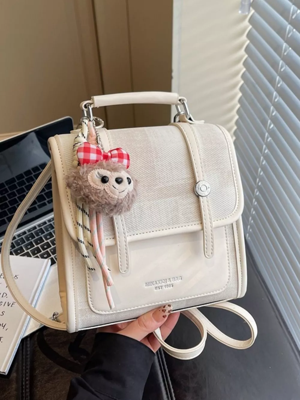 Flap Backpack Bag with Plush Charm, image 6