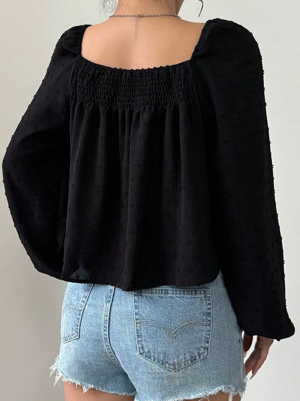 Swiss Dot Square Neck Long Sleeve Blouse, image 2