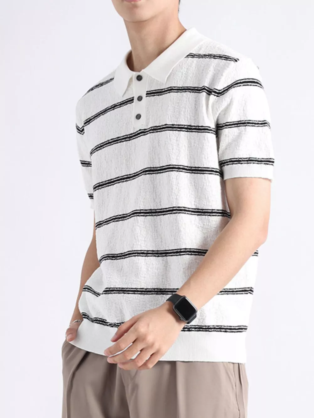 Men's Plus Size Striped Knit Button Detail Polo, image 12
