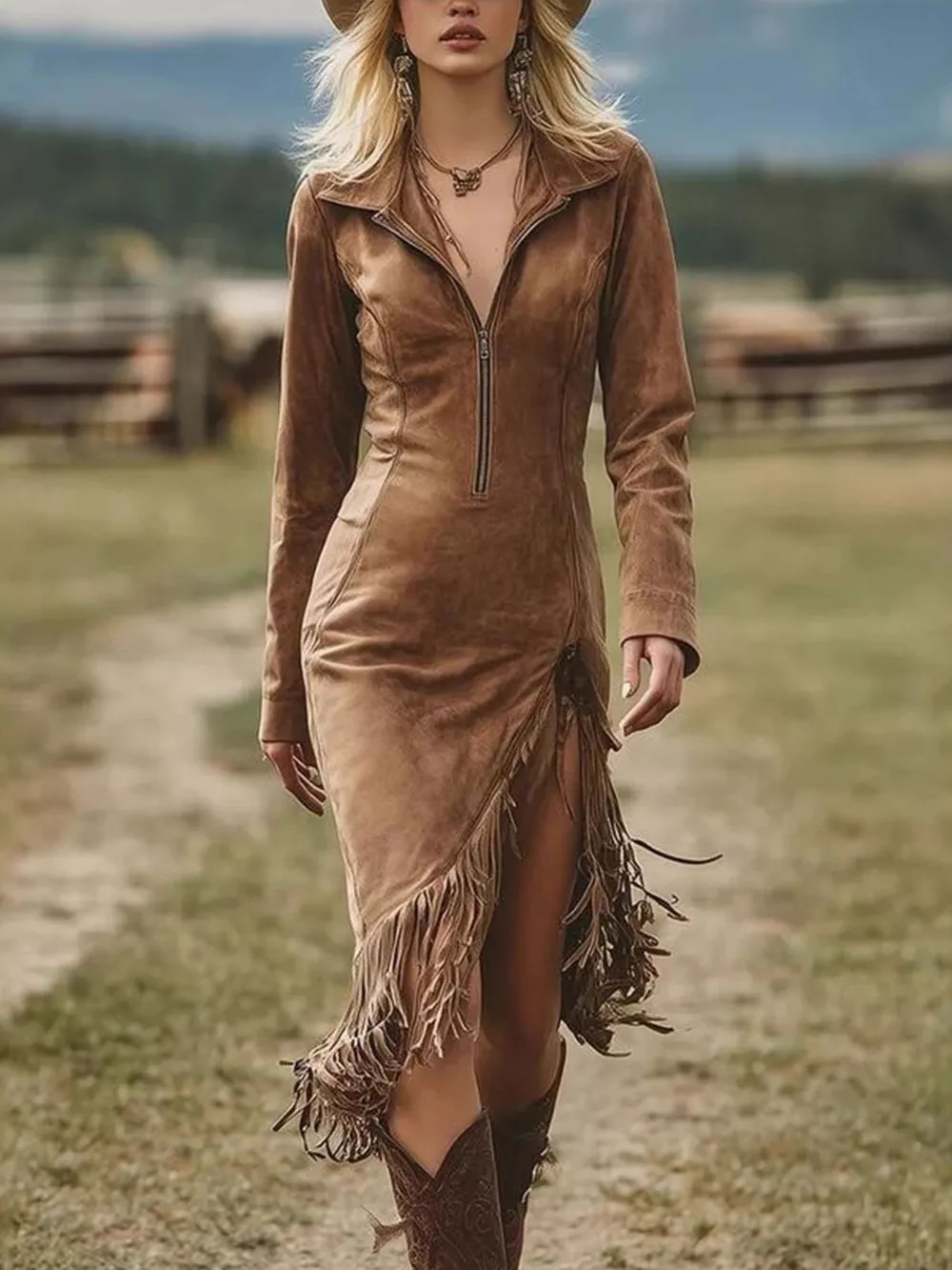 Full Size Fringe Hem Zip Front Bodycon Dress Plus Size, image 8