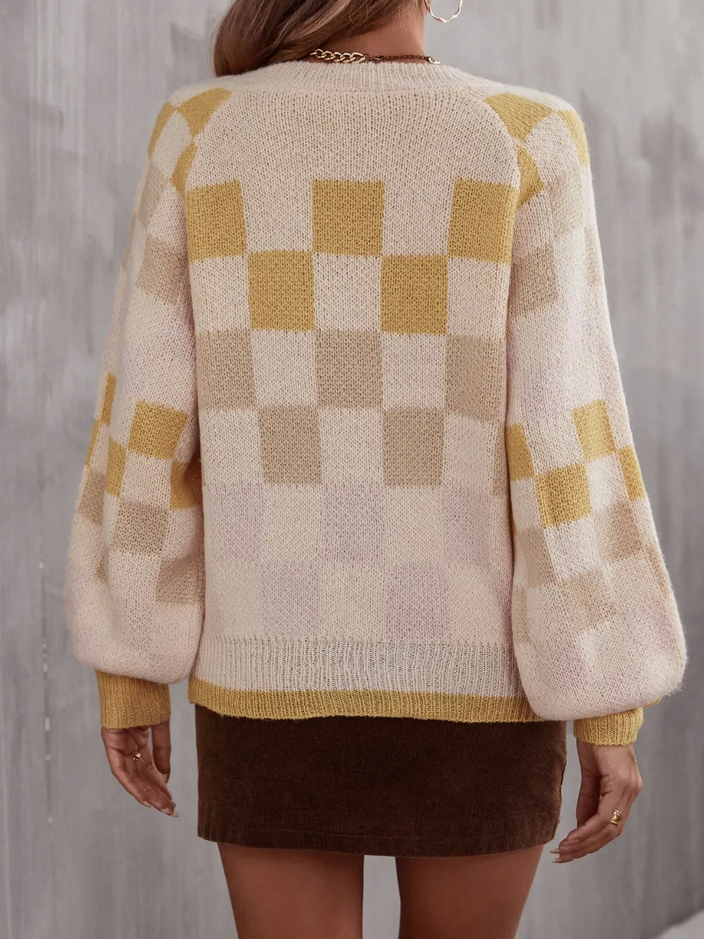 Checkered V-Neck Lantern Sleeve Sweater, image 6