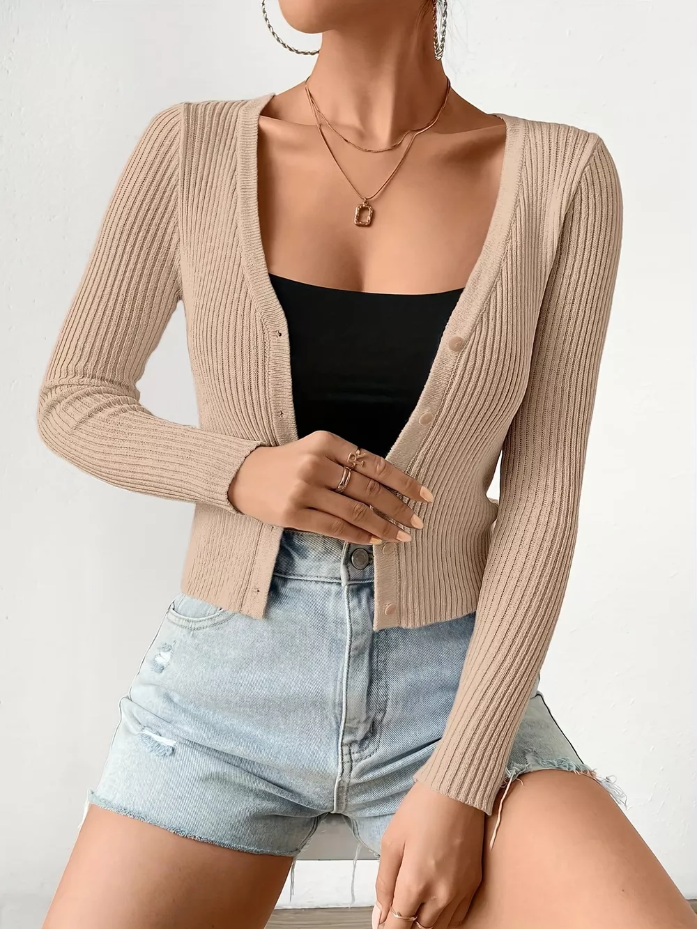 Ribbed Knit Button-Up Cardigan, image 3