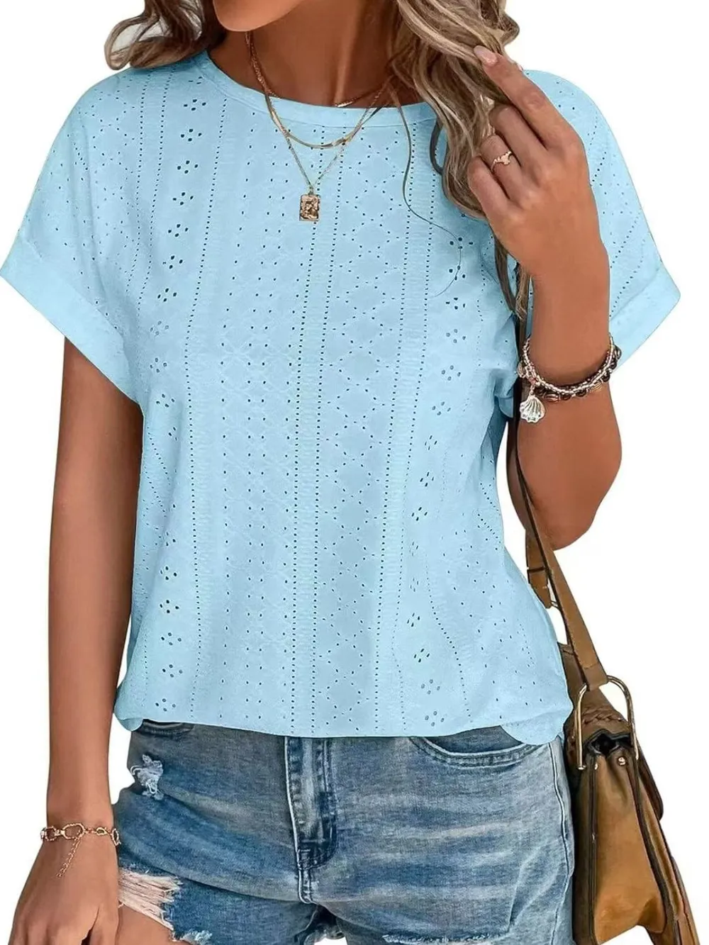 Eyelet Round Neck Short Sleeve Top, image 5