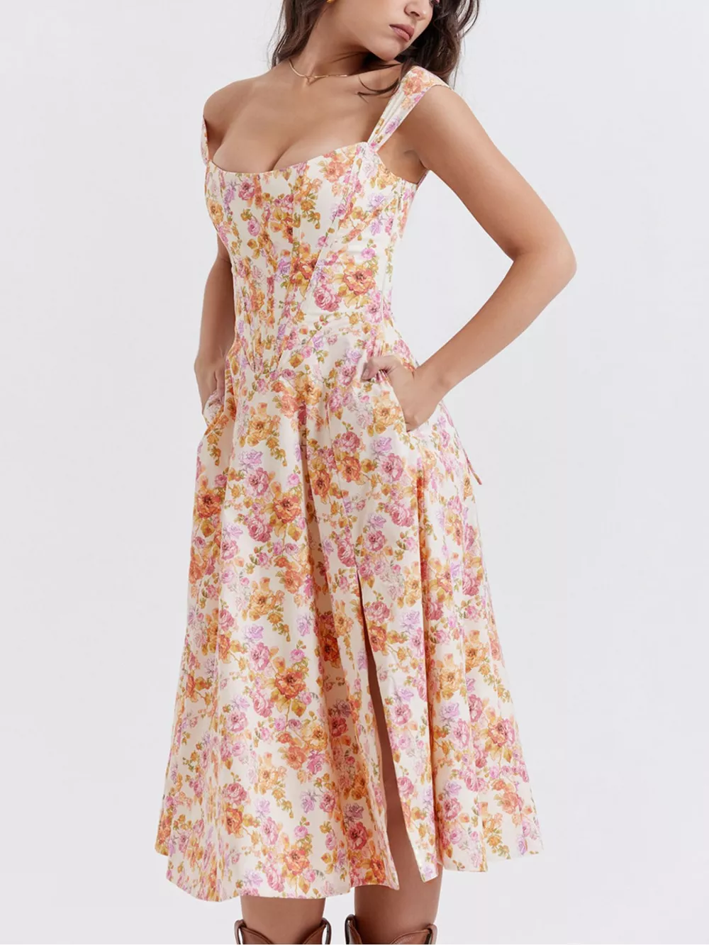 Floral Print Midi Dress with Slit, image 9
