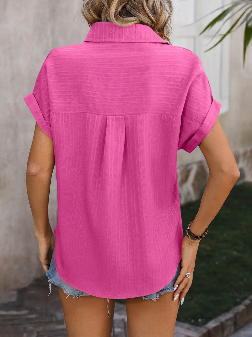 Textured Button Up Cap Sleeve Shirt, image 20