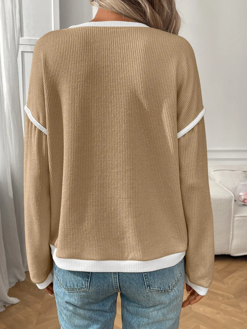 Ribbed Contrast Trim Long Sleeve Top, image 17