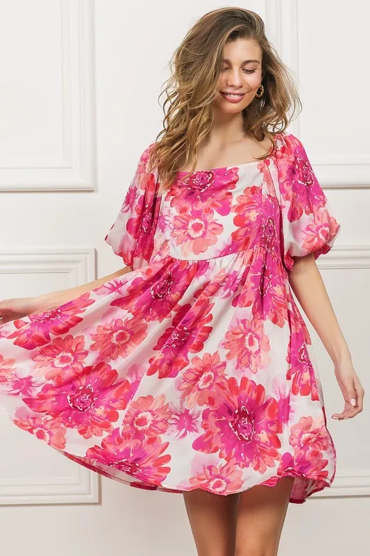 Floral Square Neck Puff Sleeve Mini Dress