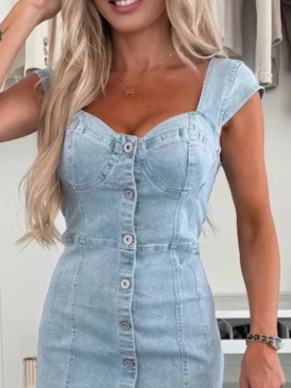 Sweetheart Neck Cap Sleeve Denim Dress, image 3