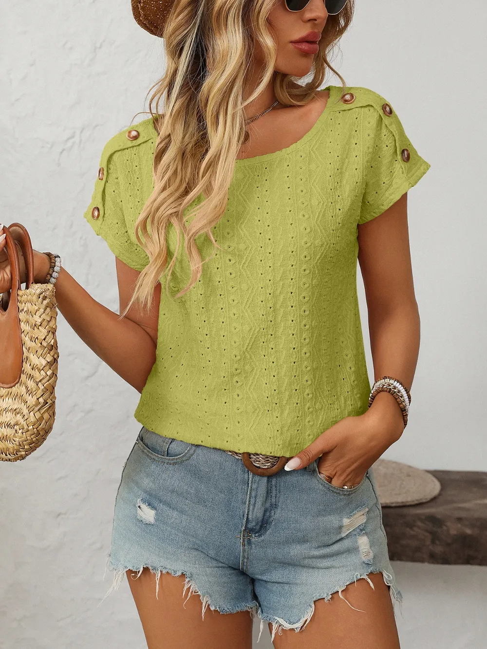 Eyelet Round Neck Short Sleeve Top, image 35