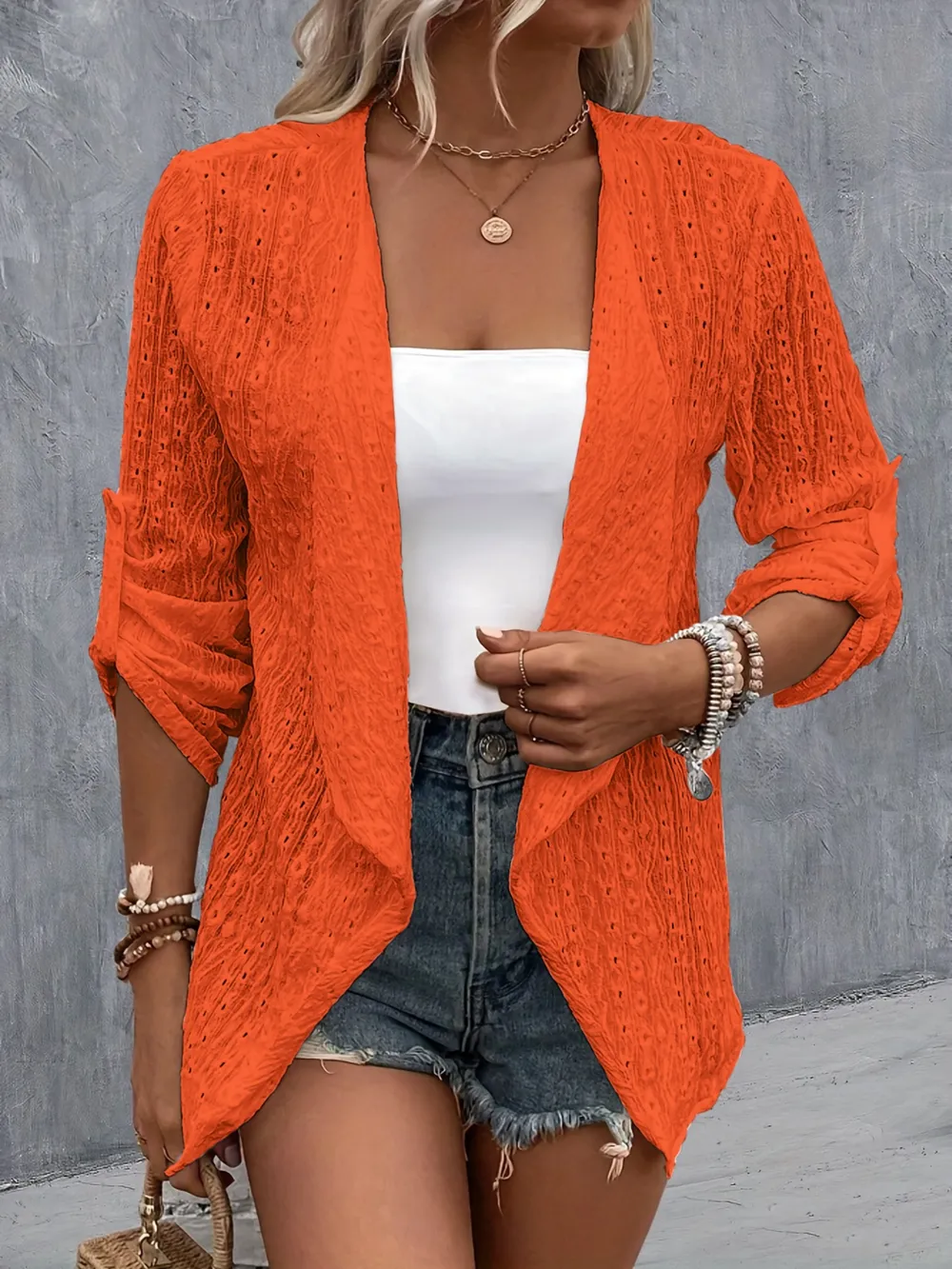 Eyelet Roll-Tab Sleeve Cardigan, image 11