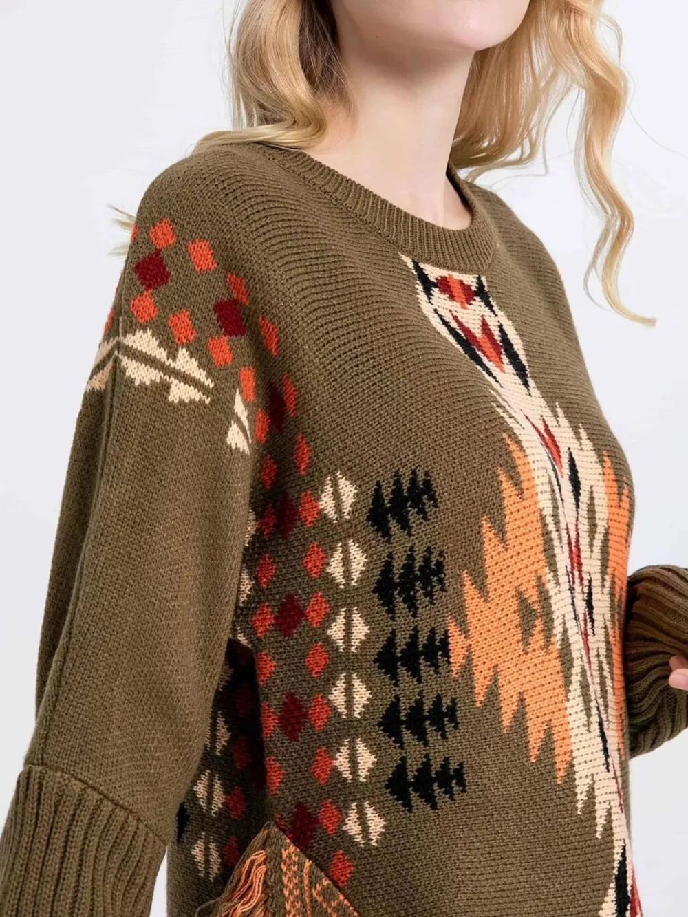 Geometric Pattern Fringe Sweater, image 4