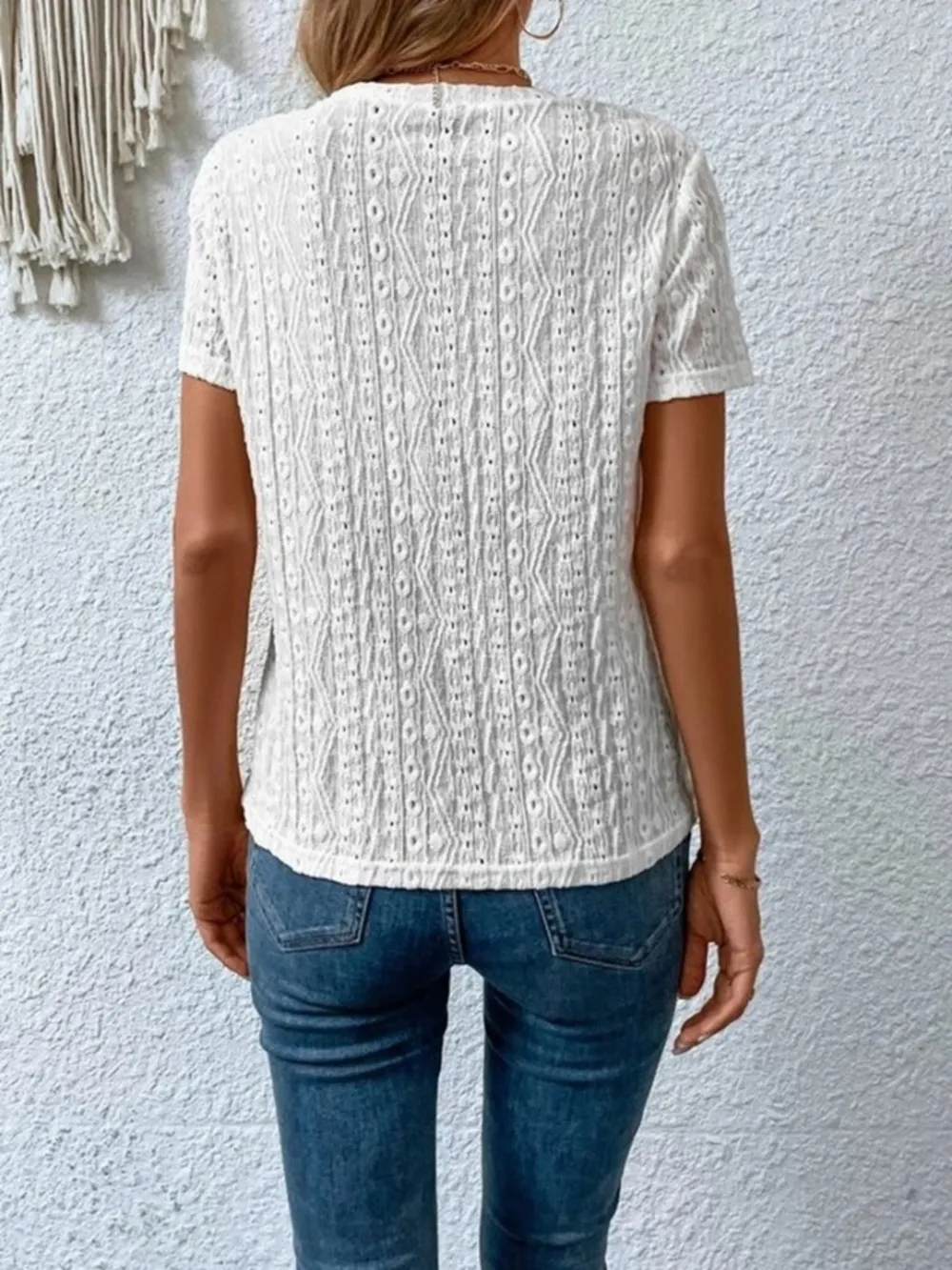 Eyelet Round Neck Short Sleeve T-Shirt, image 4