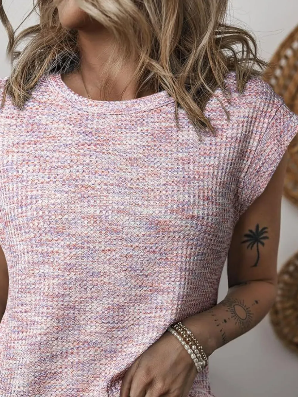 Heathered Round Neck Cap Sleeve T-Shirt, image 4