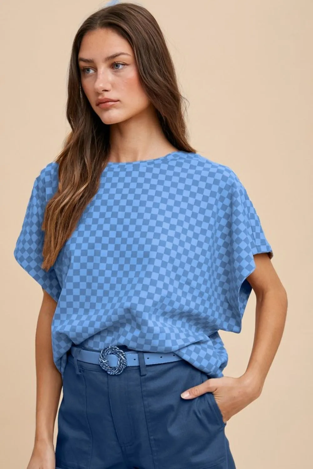Checkered Round Neck Short Sleeve T-Shirt