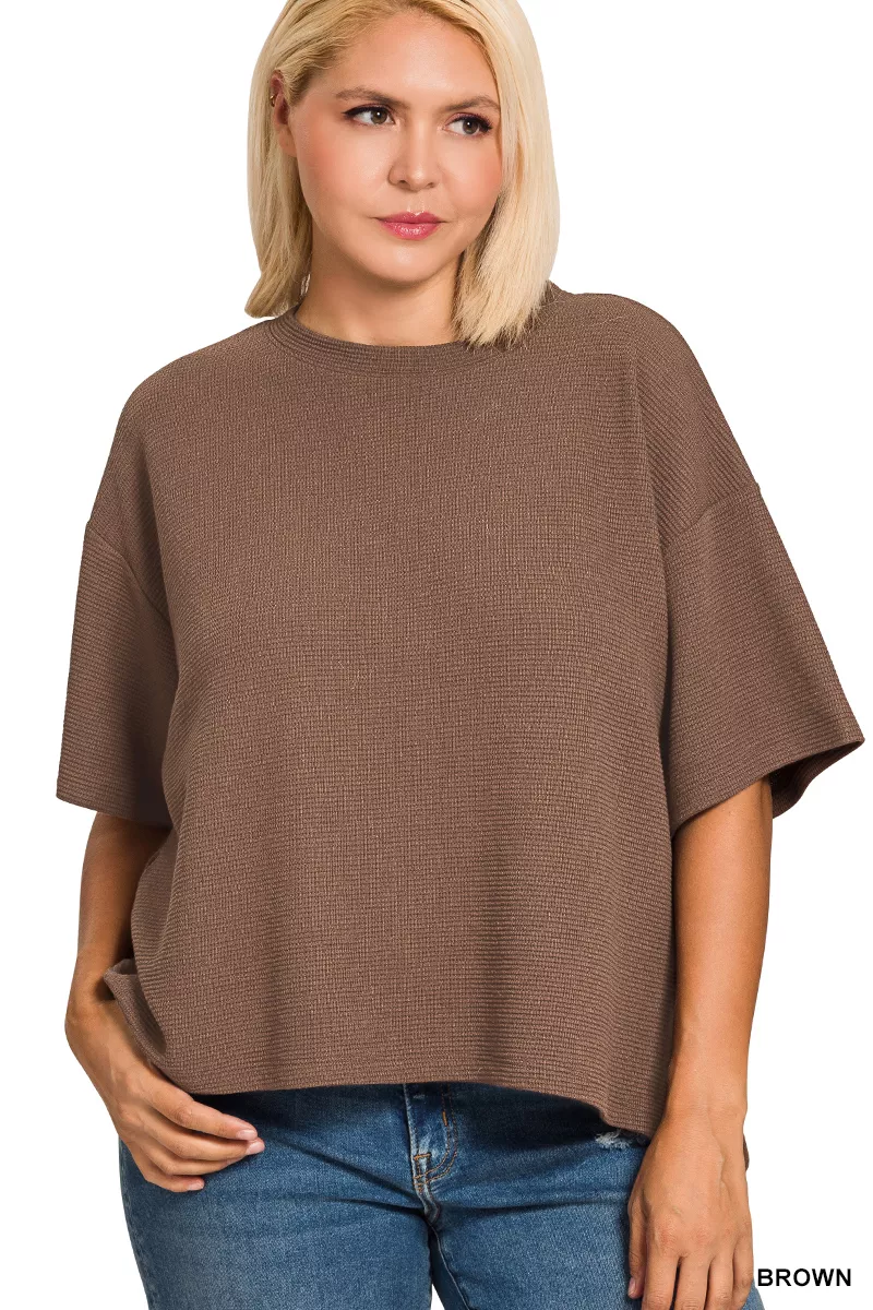 Full Size Double Knit Side Slits Hi Low Short Sleeve Top Plus Size, image 2