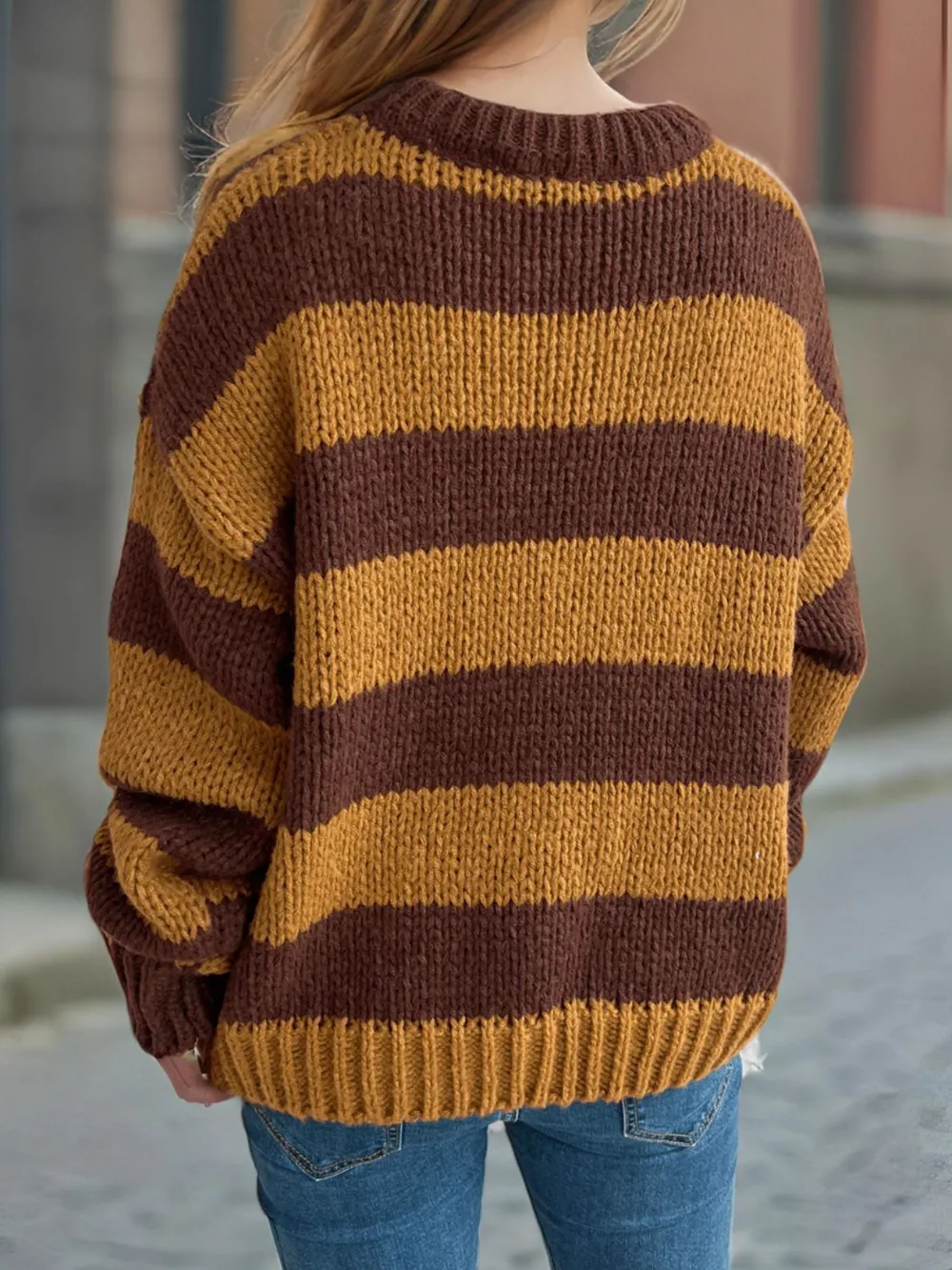Contrast Striped Round Neck Long Sleeve Sweater, image 12