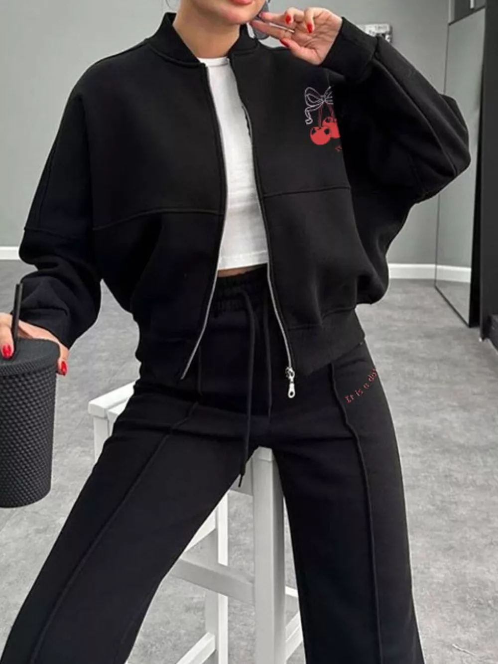 Zip Up Dropped Shoulder Outerwear and Pants Set, image 4
