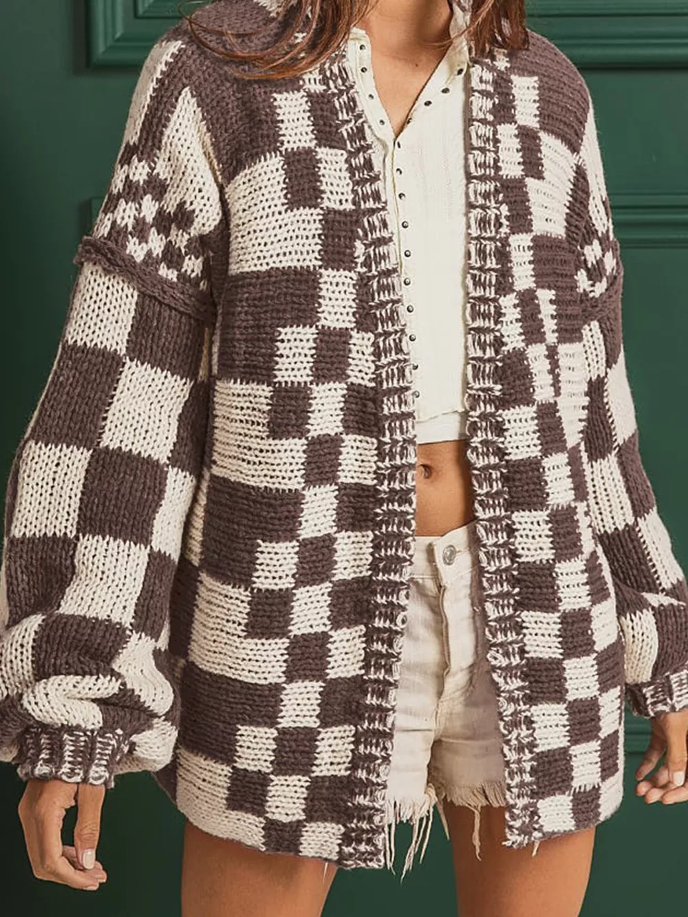 Checkerboard Pattern Sweater Cardigan