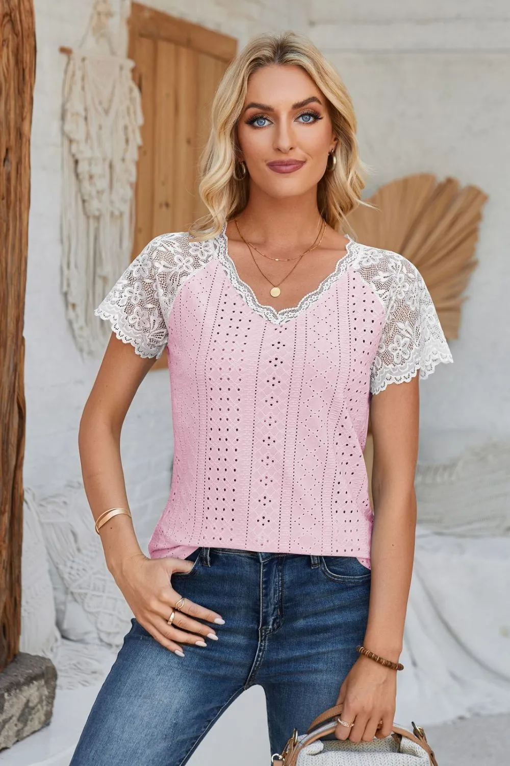 Eyelet V-Neck Lace Short Sleeve T-Shirt, image 16