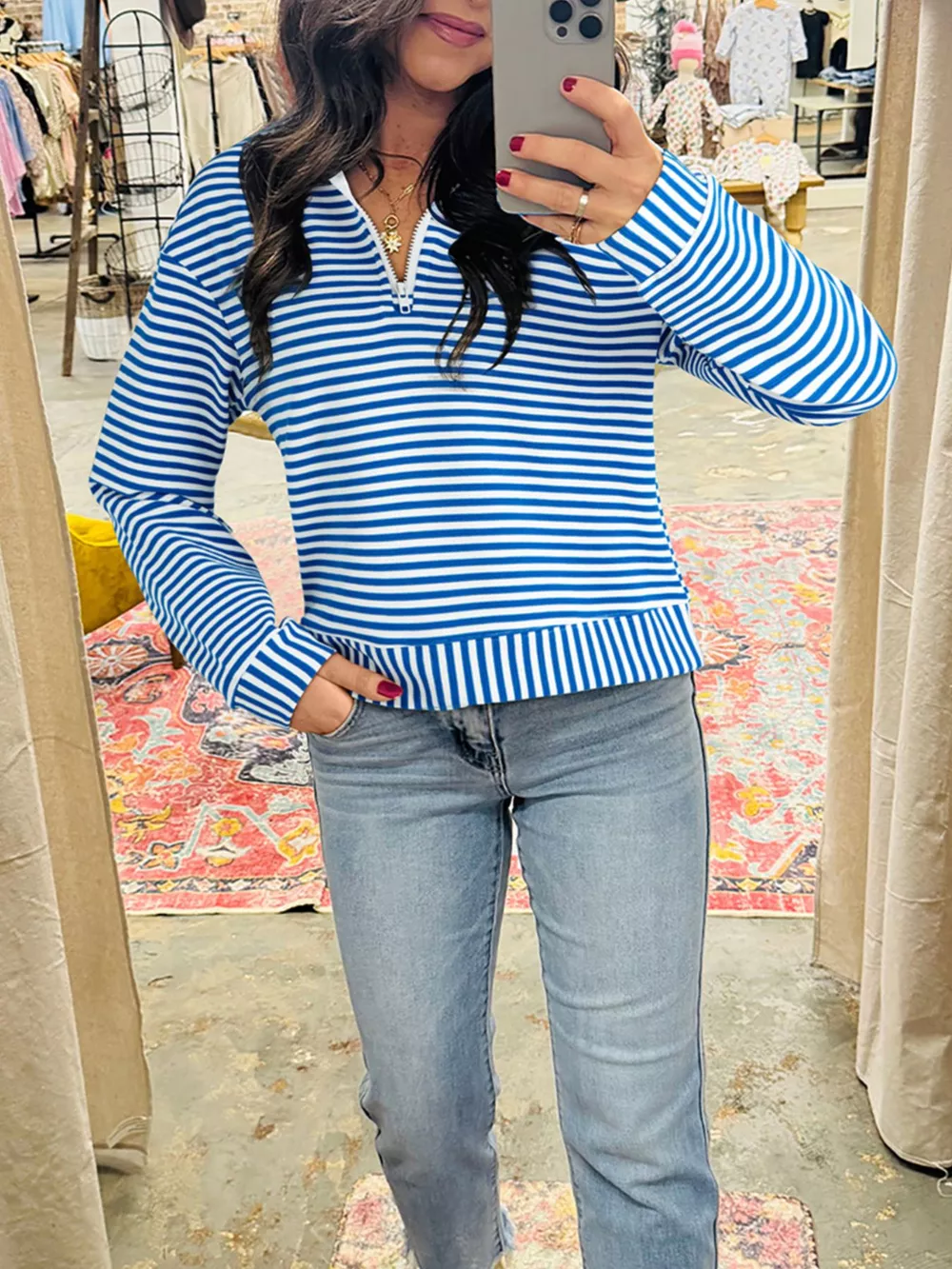 Stripe Quarter Zip Collar Long Sleeve Top, image 3