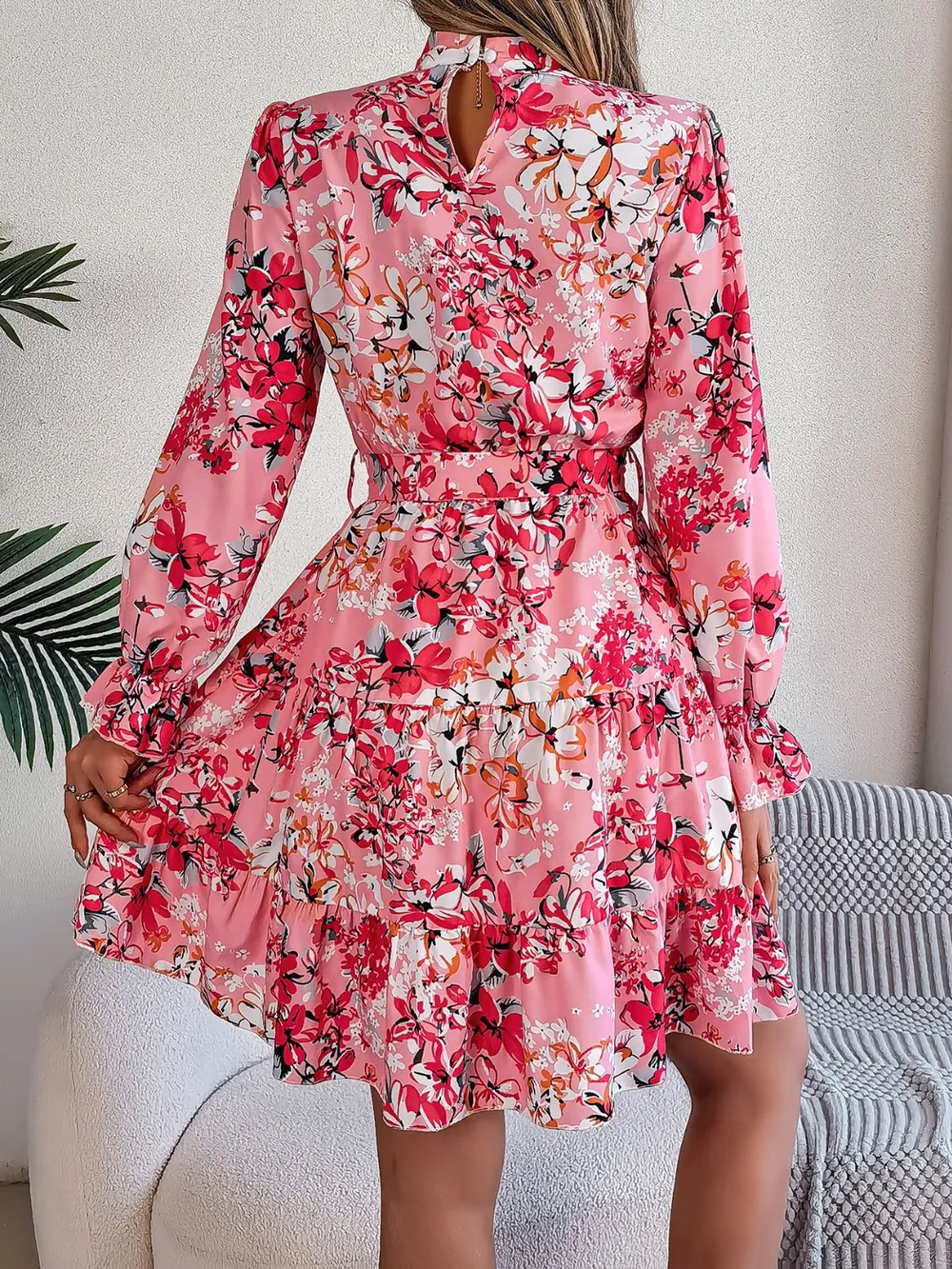 Printed Mock Neck Flounce Sleeve Mini Dress, image 7