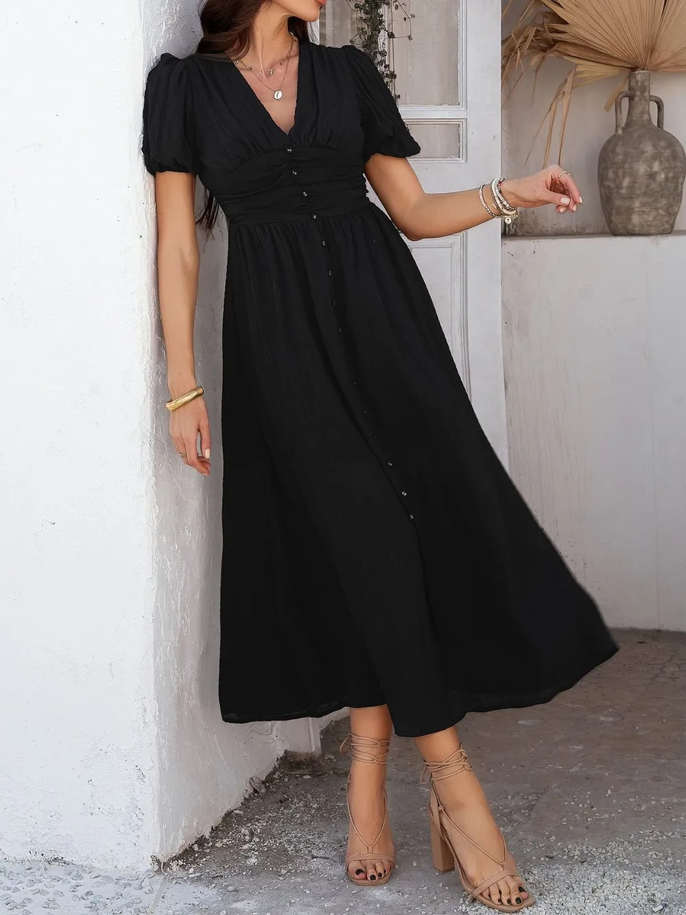 V-Neck Puff Short Sleeve Midi Dress, image 14