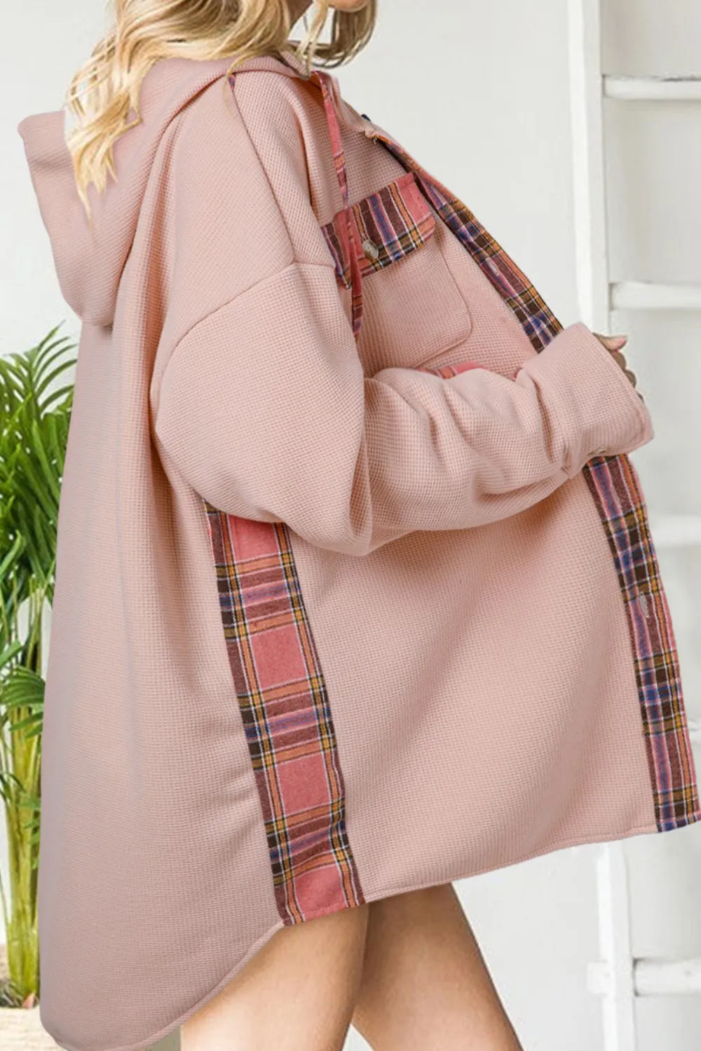 Waffle Knit Plaid Patchwork Drawstring Hooded Shacket, image 7