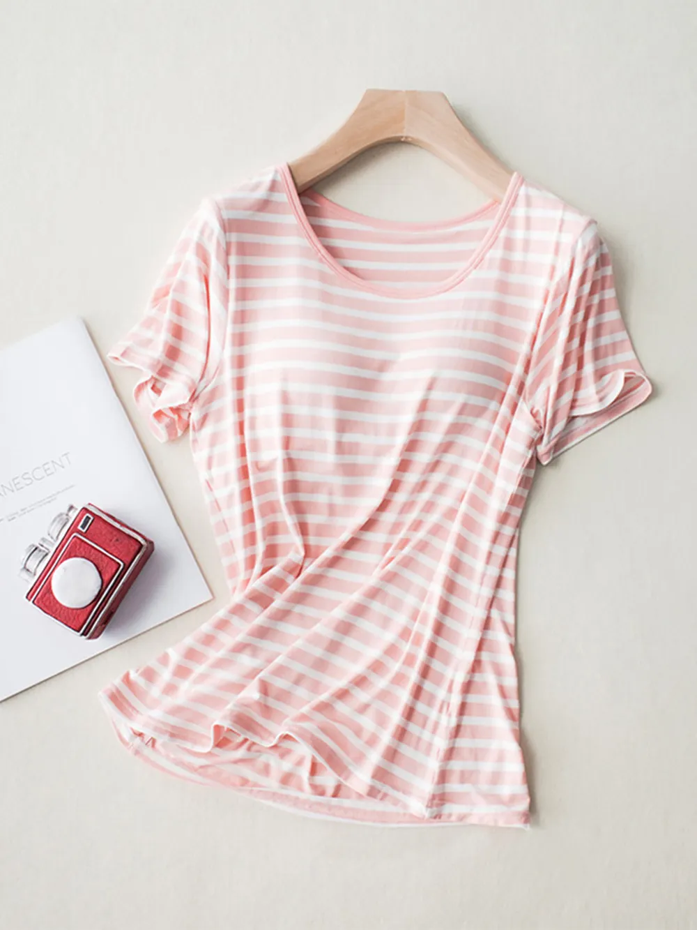 Striped Round Neck Short Sleeve T-Shirt with Bra, image 8