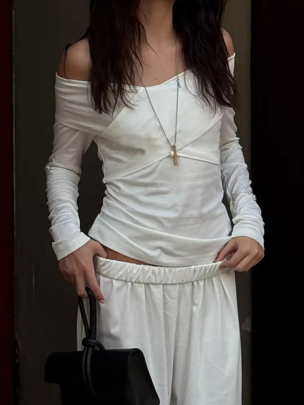 Off-Shoulder Long Sleeve Top and Wide-Leg Pants Set, image 4