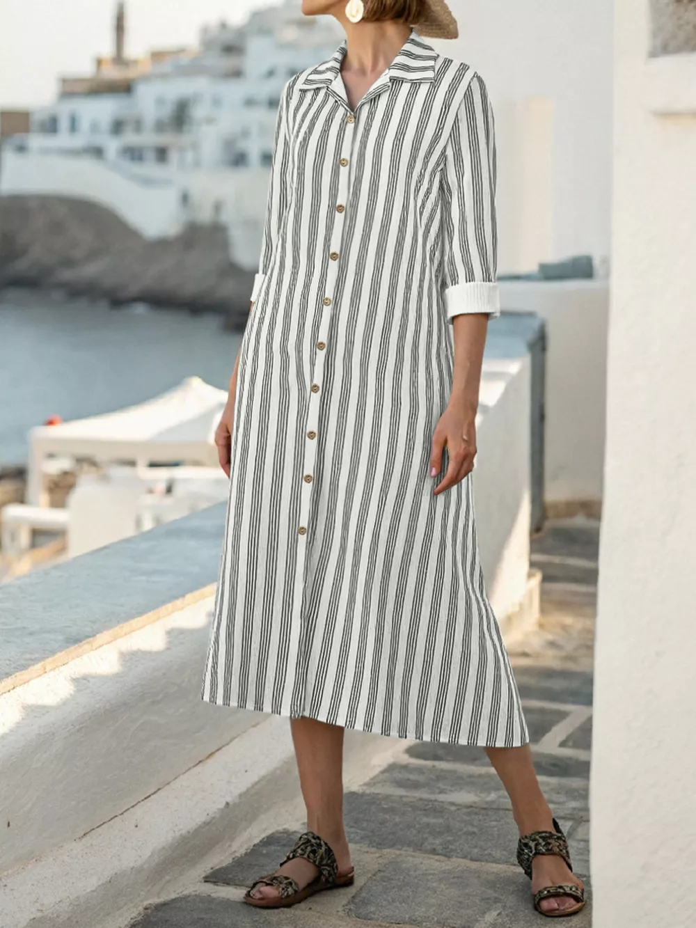 Plus Size Striped Button Front Midi Dress, image 5