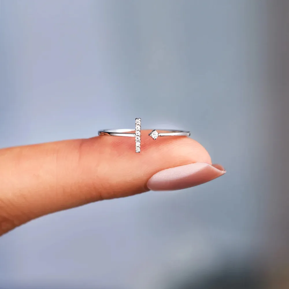 T Shape Inlaid Zircon 925 Sterling Silver Open Ring, image 6