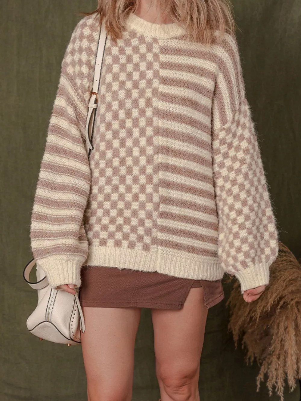 Checkerboard & Striped Pattern Knit Sweater, image 2