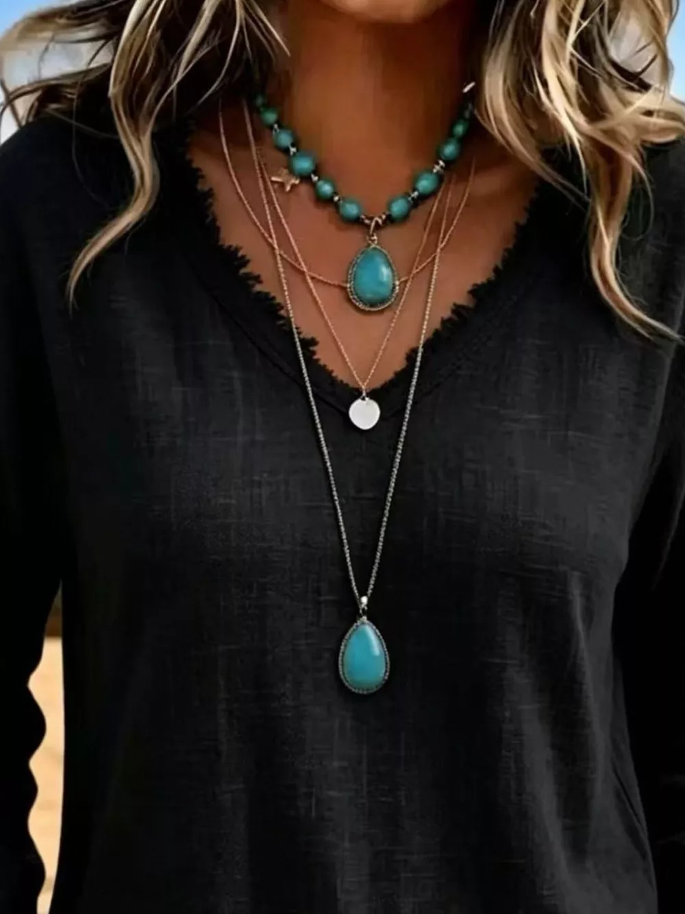 V-Neck Frayed Hem Long Sleeve T-Shirt, image 8
