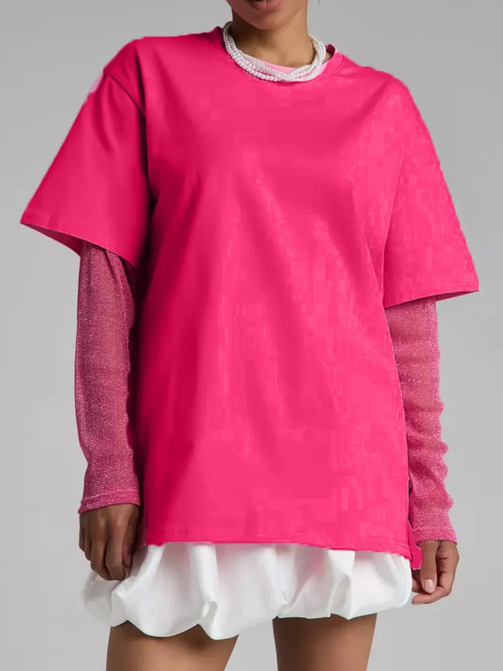 Faux Layered Round Neck Mesh Sleeve Top, image 21