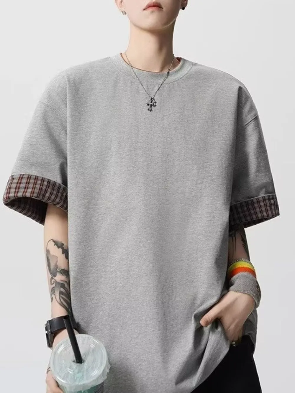 Men's Plaid Trim Round Neck Short Sleeve T-Shirt, image 7
