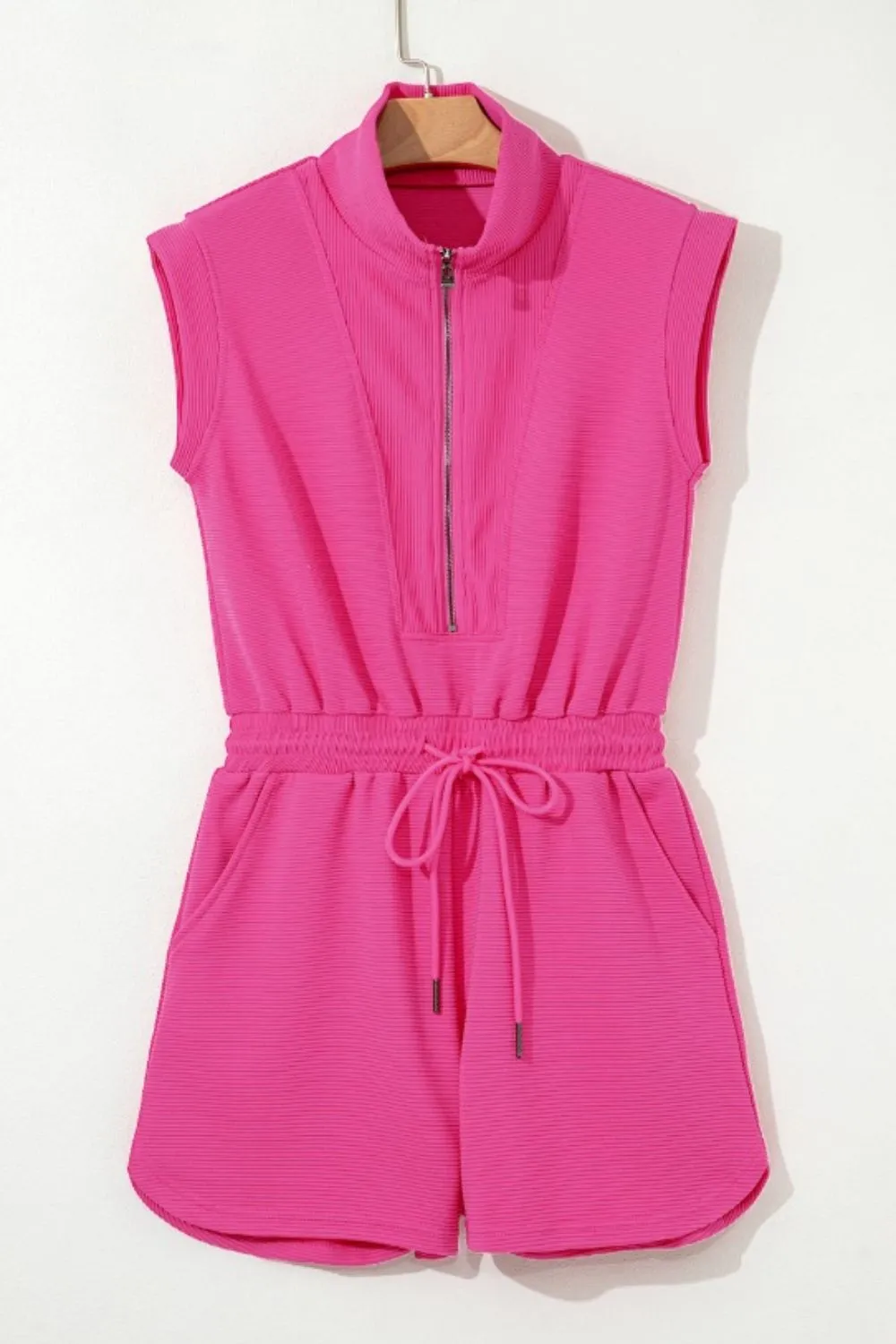 Textured Short Sleeve Half Zip Drawstring Waist Romper, image 11