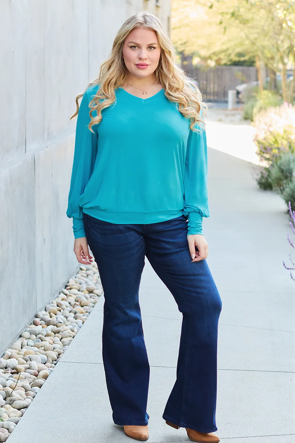 Full Size V-Neck Lantern Sleeve Top, image 18