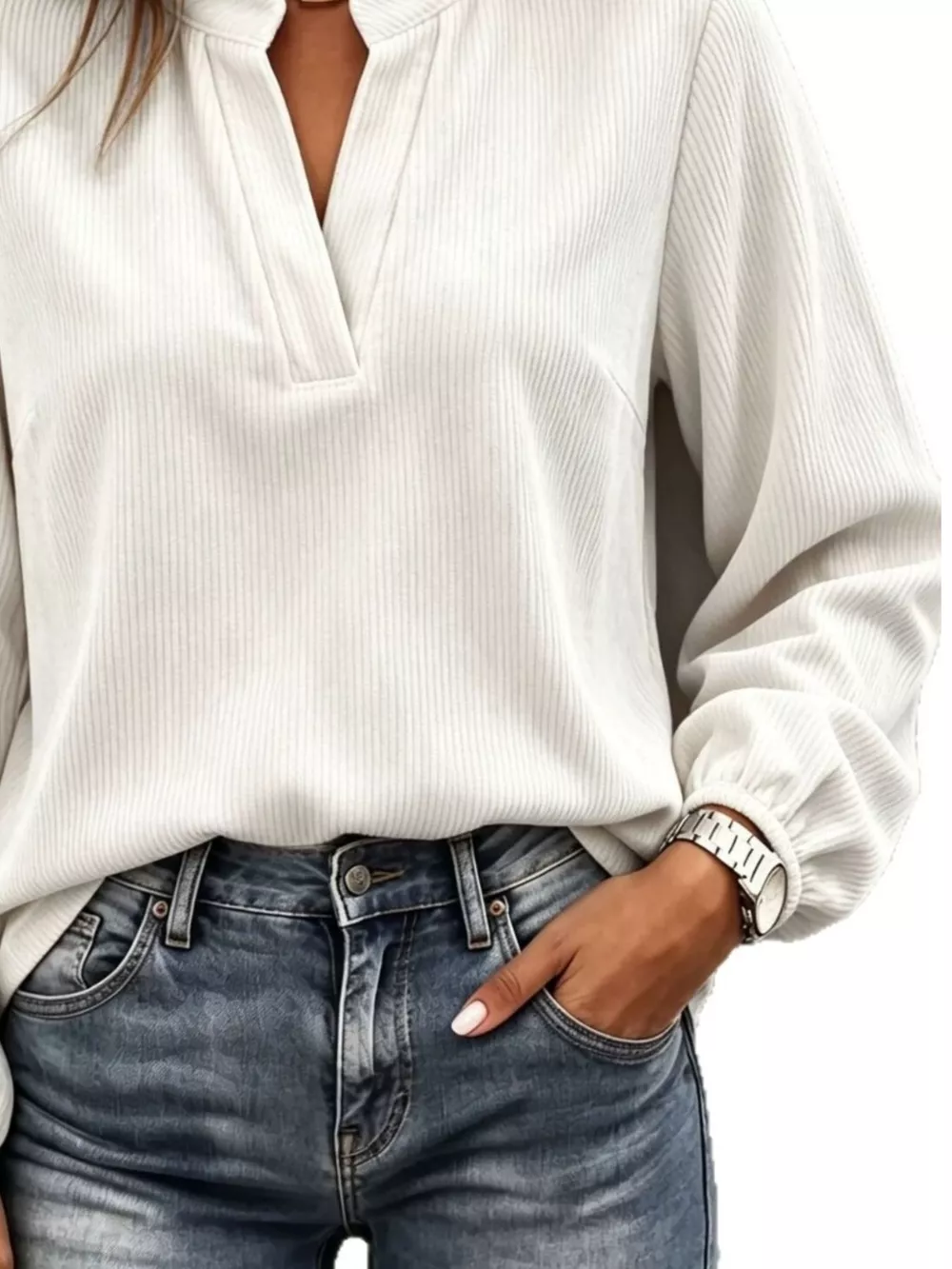 Full Size Corduroy Notched Long Sleeve Top Plus Size, image 10