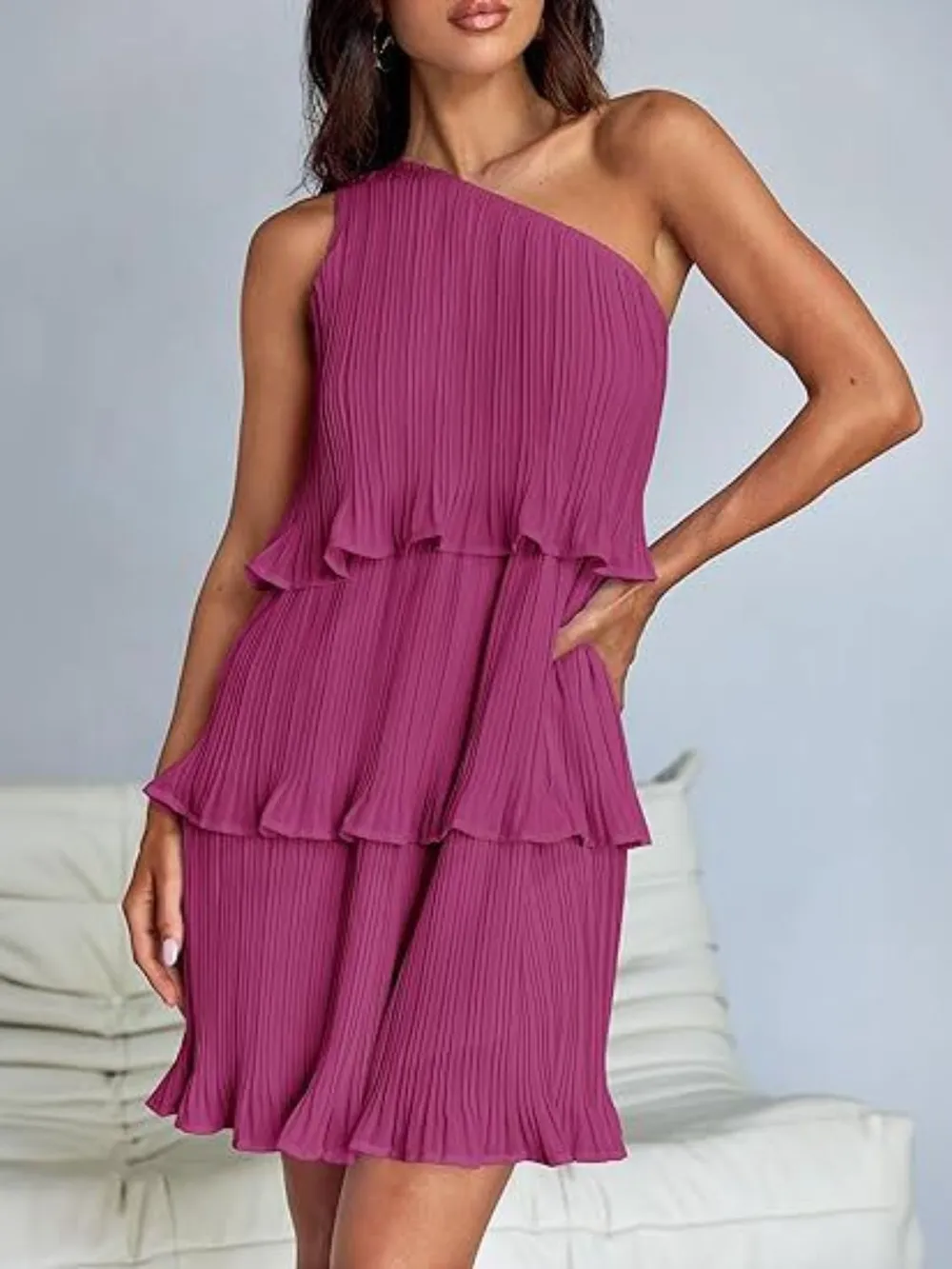 Layered Single Shoulder Mini Dress, image 20