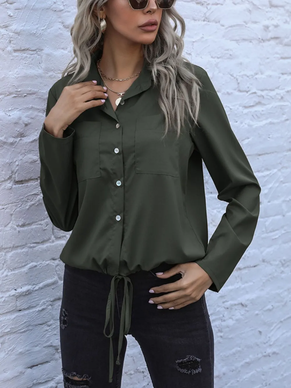Tied Hem Button Down Long Sleeve Shirt