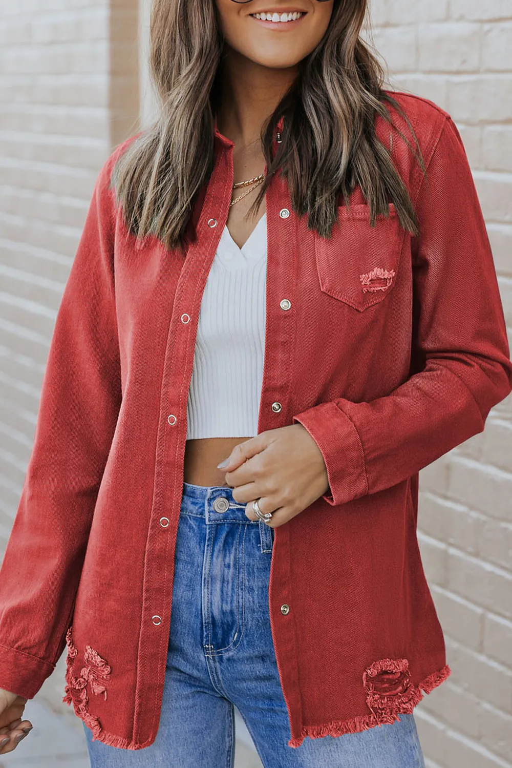 Distressed Raw Hem Snap Down Denim Jacket, image 6