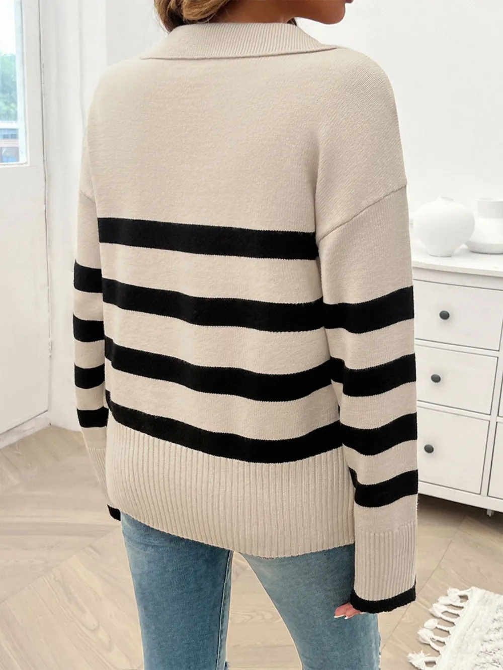 Striped Collared Neck Long Sleeve Sweater, image 9