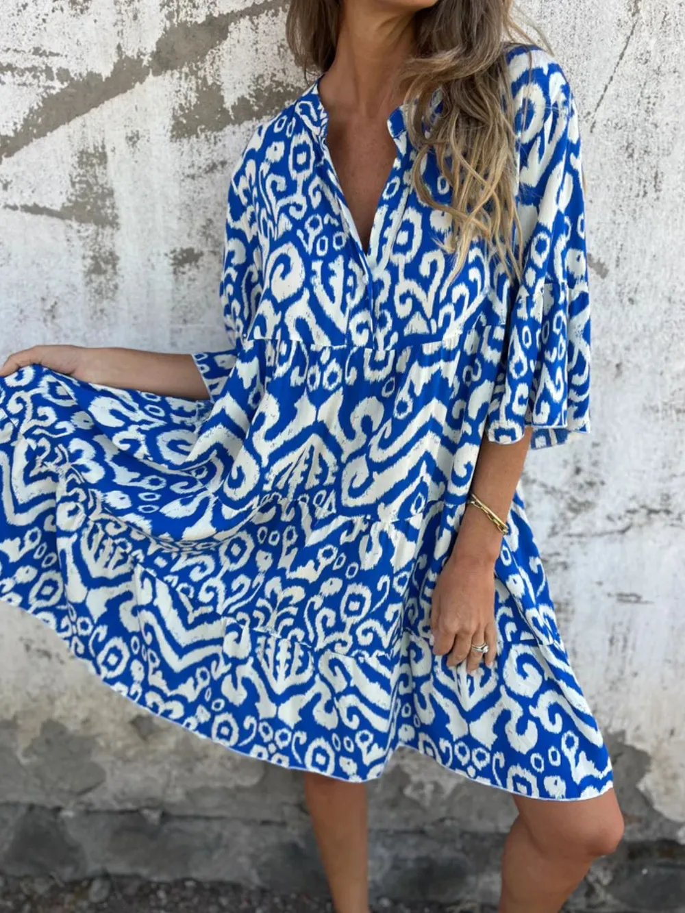 Full Size Printed Notched Half Sleeve Dress Plus Size, image 10