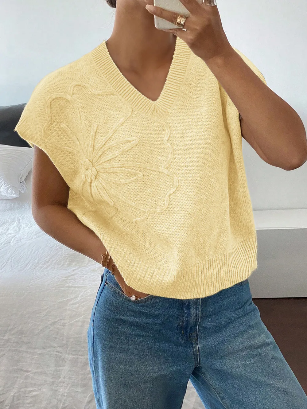 Ribbed Hem V-Neck Short Sleeve Sweater, image 14