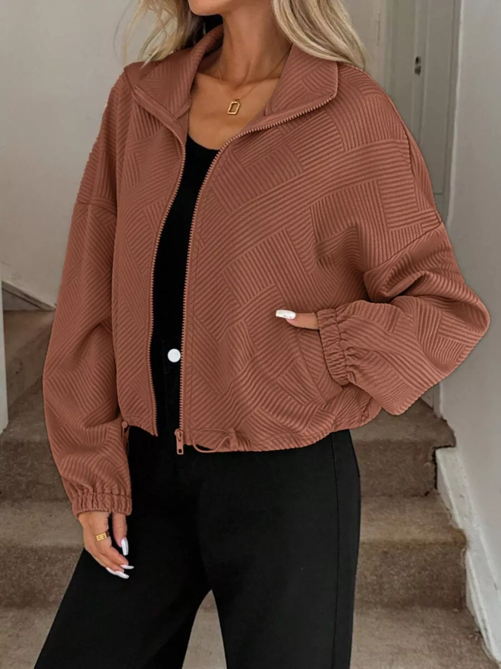 Textured Zip-Up Drawstring Hem Jacket, image 22