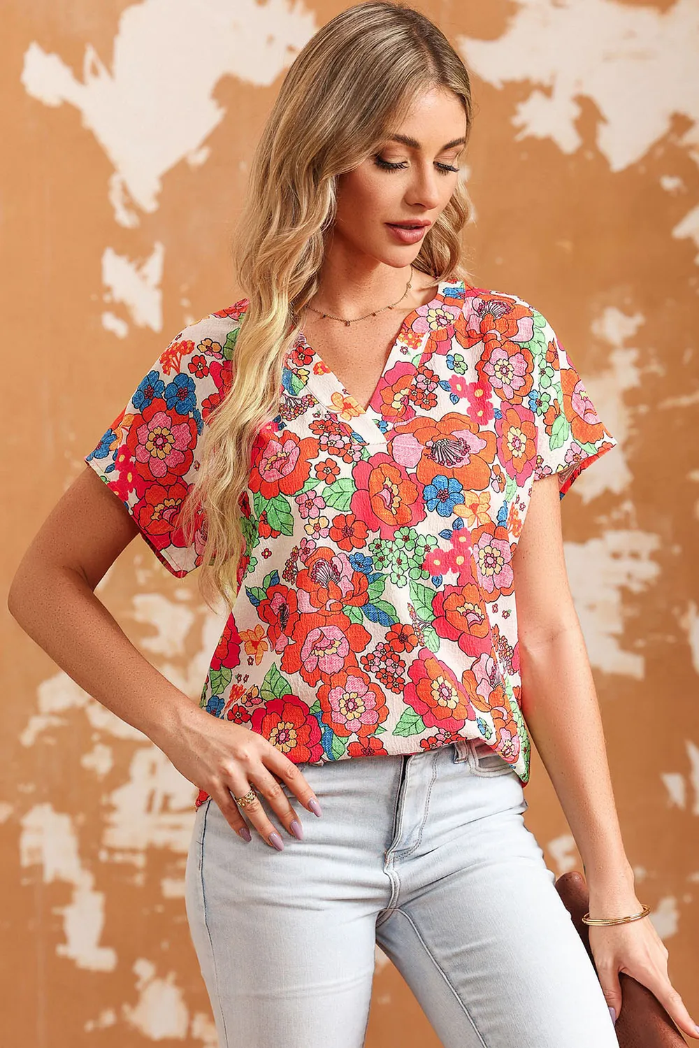 Printed Notched Short Sleeve Blouse, image 2