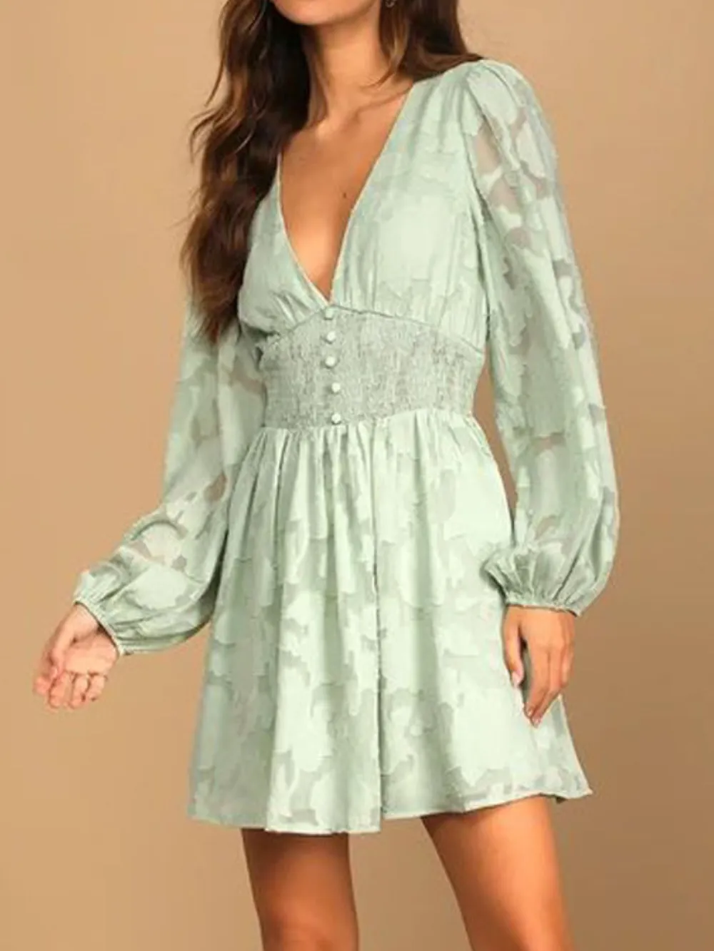 Smocked V-Neck Balloon Sleeve Dress, image 4