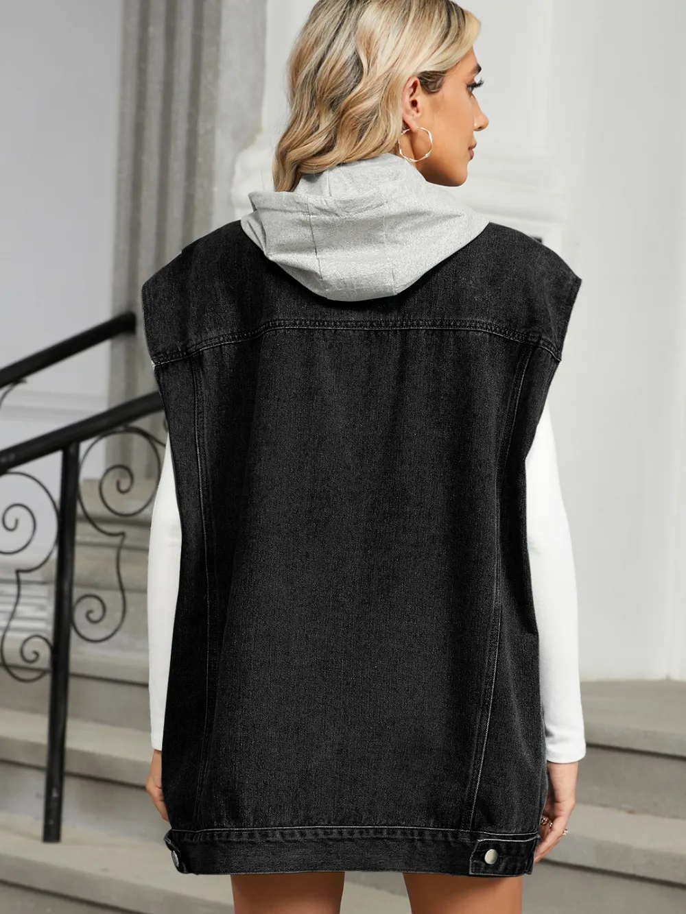 Removable Hood Button Up Cap Sleeve Denim Jacket, image 4